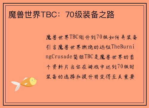 魔兽世界TBC：70级装备之路